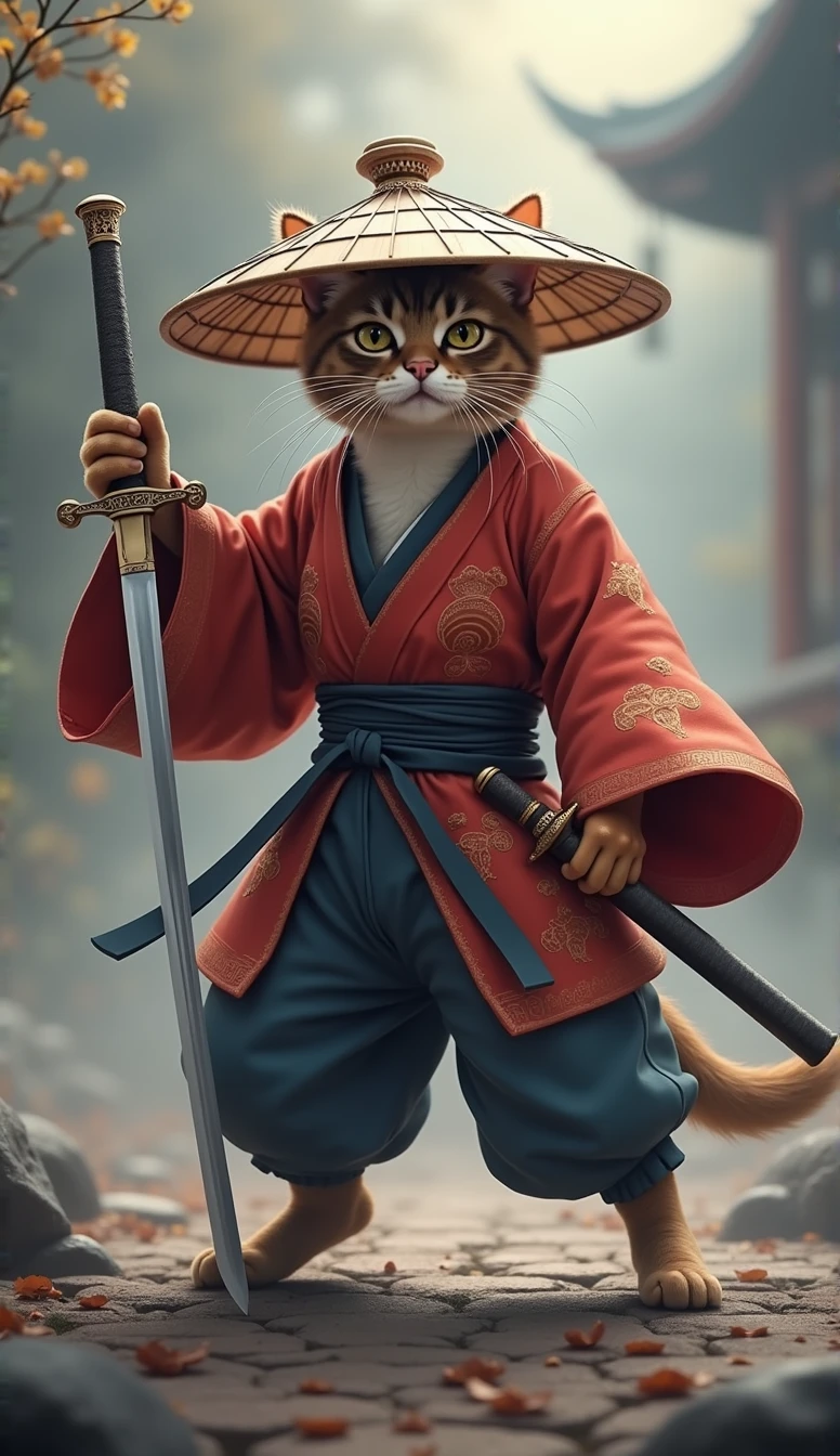 Create an image of a standing cat, in traditional East Asian costume ( rot ), wearing a wide bamboo hat on his head, wielding a sword with the right paw extended forward in an assertive stance ( Running posture ), in a misty setting to convey an atmosphere of mastery in ancient martial arts