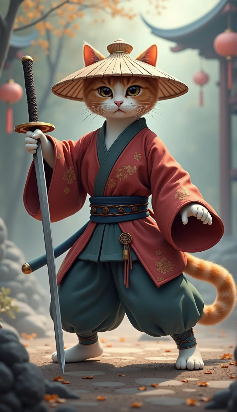 Create an image of a standing cat, in traditional East Asian costume ( rot ), wearing a wide bamboo hat on his head, wielding a sword with the right paw extended forward in an assertive stance ( Running posture ), in a misty setting to convey an atmosphere of mastery in ancient martial arts