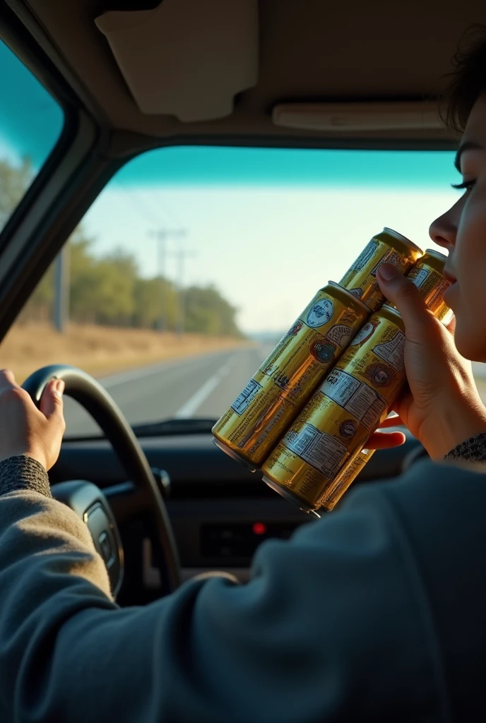 (photorealism:1,2) drunk driving with 1 million beer in their hand and speeding from drivers point of view drinking beer and not looking on road and one hand on steering wheel