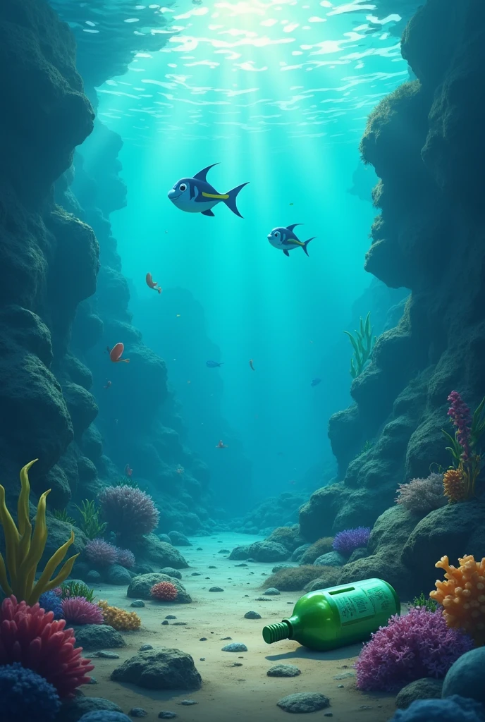 pollution, under the sea, bottles, dirty, disney, pixar style