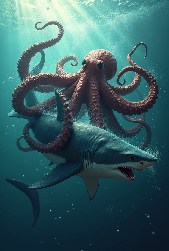 Muscular octopus fighting with muscular shark in the sea