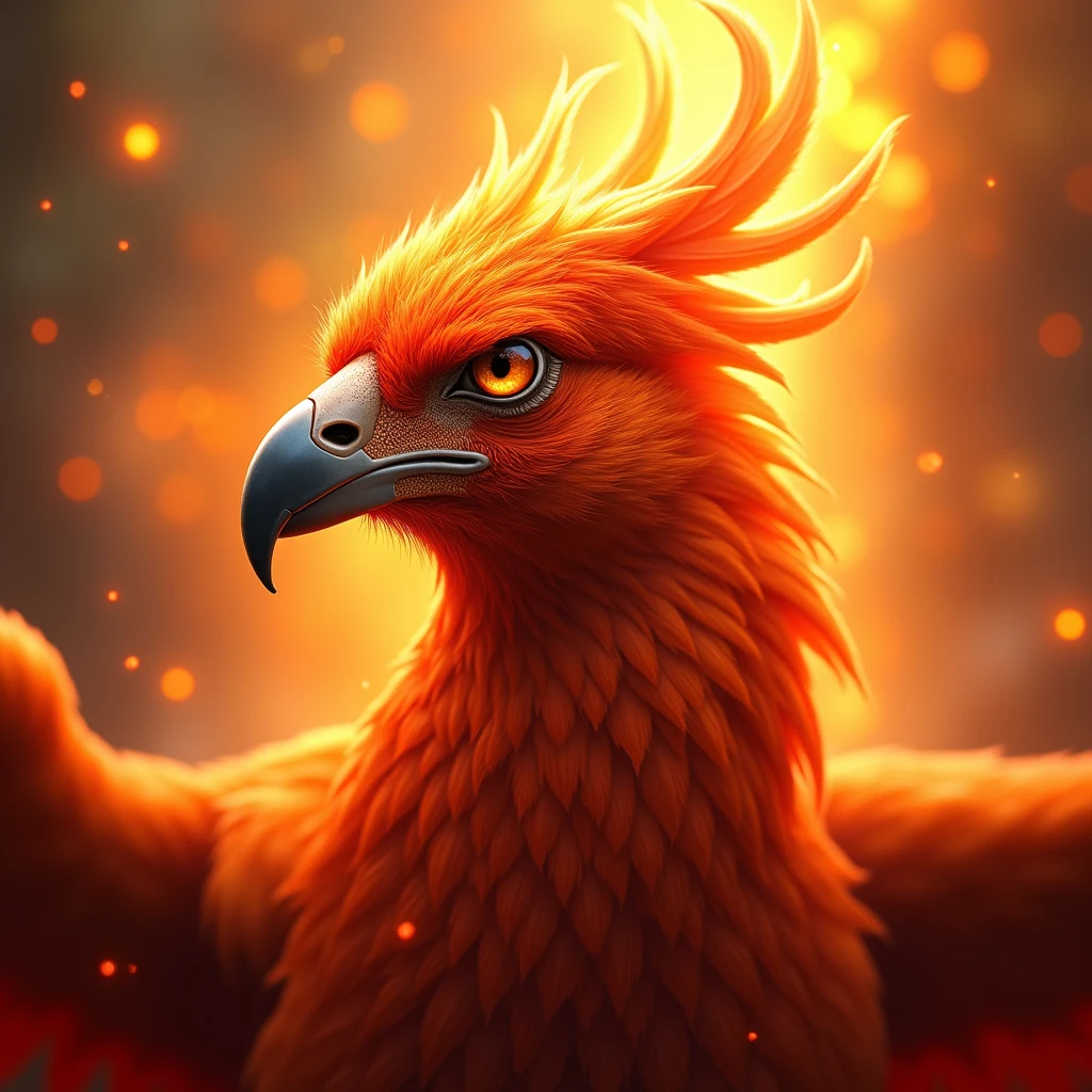 A close-up portrait of a majestic phoenix, with its vibrant feathers glowing in shades of red, orange, and gold. Its piercing, fiery eyes exude wisdom and strength. The background is a radiant burst of light and flame, adding to the aura of rebirth and power surrounding this mythical creature