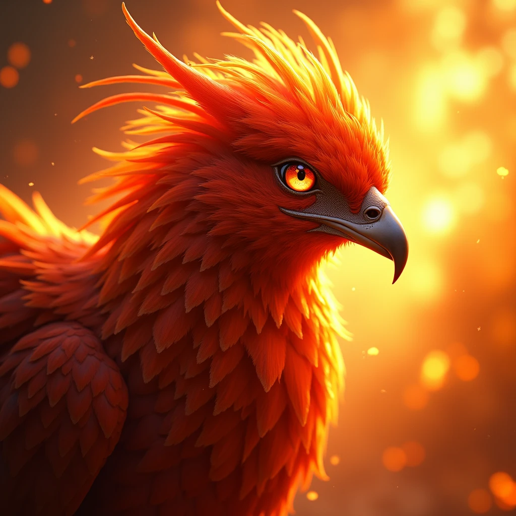 A close-up portrait of a majestic phoenix, with its vibrant feathers glowing in shades of red, orange, and gold. Its piercing, fiery eyes exude wisdom and strength. The background is a radiant burst of light and flame, adding to the aura of rebirth and power surrounding this mythical creature
