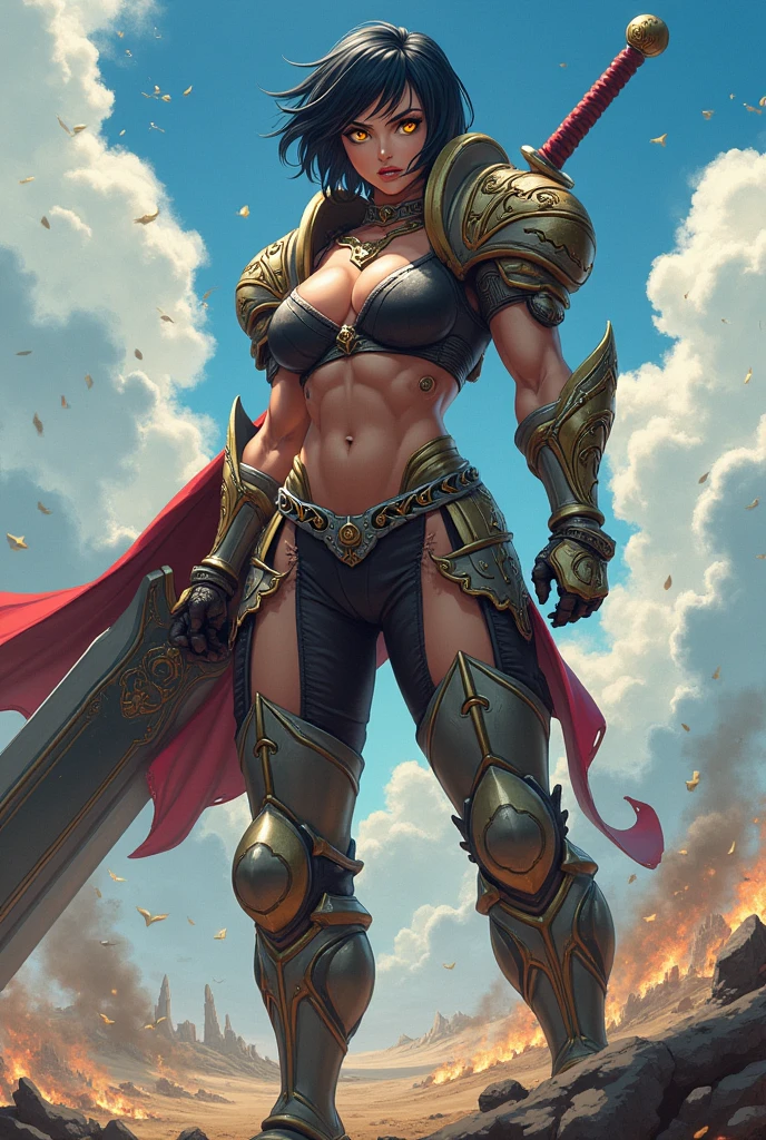 Create an image of a muscular woman with short black hair and yellow eyes in anime style with an angry face 1.80 meters in armor and holding a large sword larger than her resting on her shoulder on a battlefield
