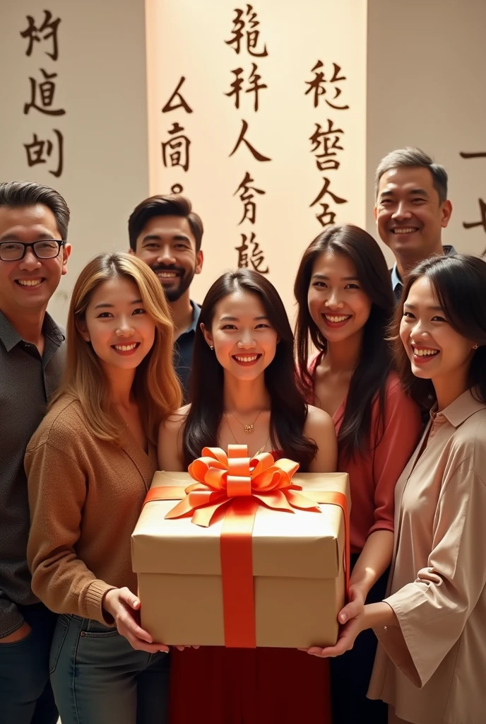 Un groupe de  personnes heureux et souriants, ils nous regardent tous vers nous  et nous offrent un grand cadeau de bienvenue. Le décor au fond est minimaliste avec des écritures chinoise, indienne et française, photo net en 10K détaillé 