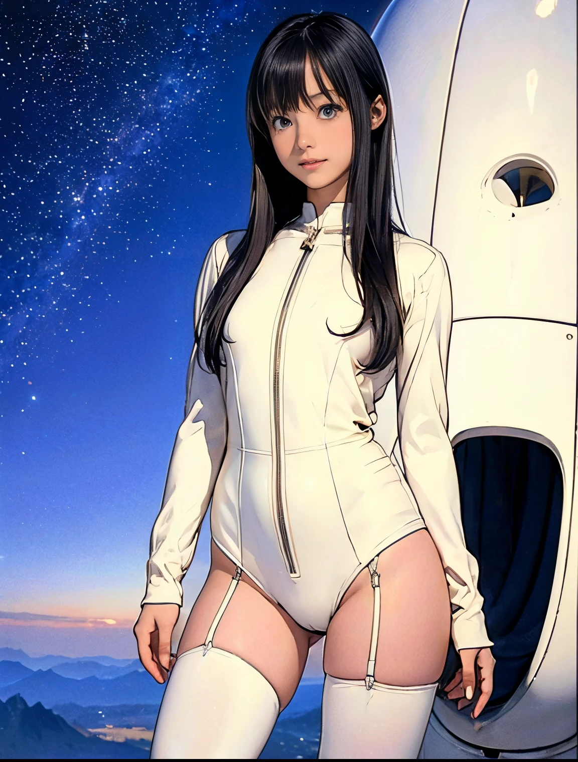 (masterpiece、best quality、Highest resolution、Clear_image、detailed details): (full body picture、15 year old girl、Japanese face、small face、thin、Navy blue super short bob、blue eyes、Blue and Black Shiny Aviator Suit、Armor that protects the chest、tight clothes、Clothes that cover the whole body、leggings、Very delicate and beautiful、hide thighs、hide your ass、Cute type、gentle smile、soft expression、earphone、knee high boots、Gloves come to elbow length、Shooting at eye level、face directly、woman on spaceship), (((camel toe))), ((Plain white tights))