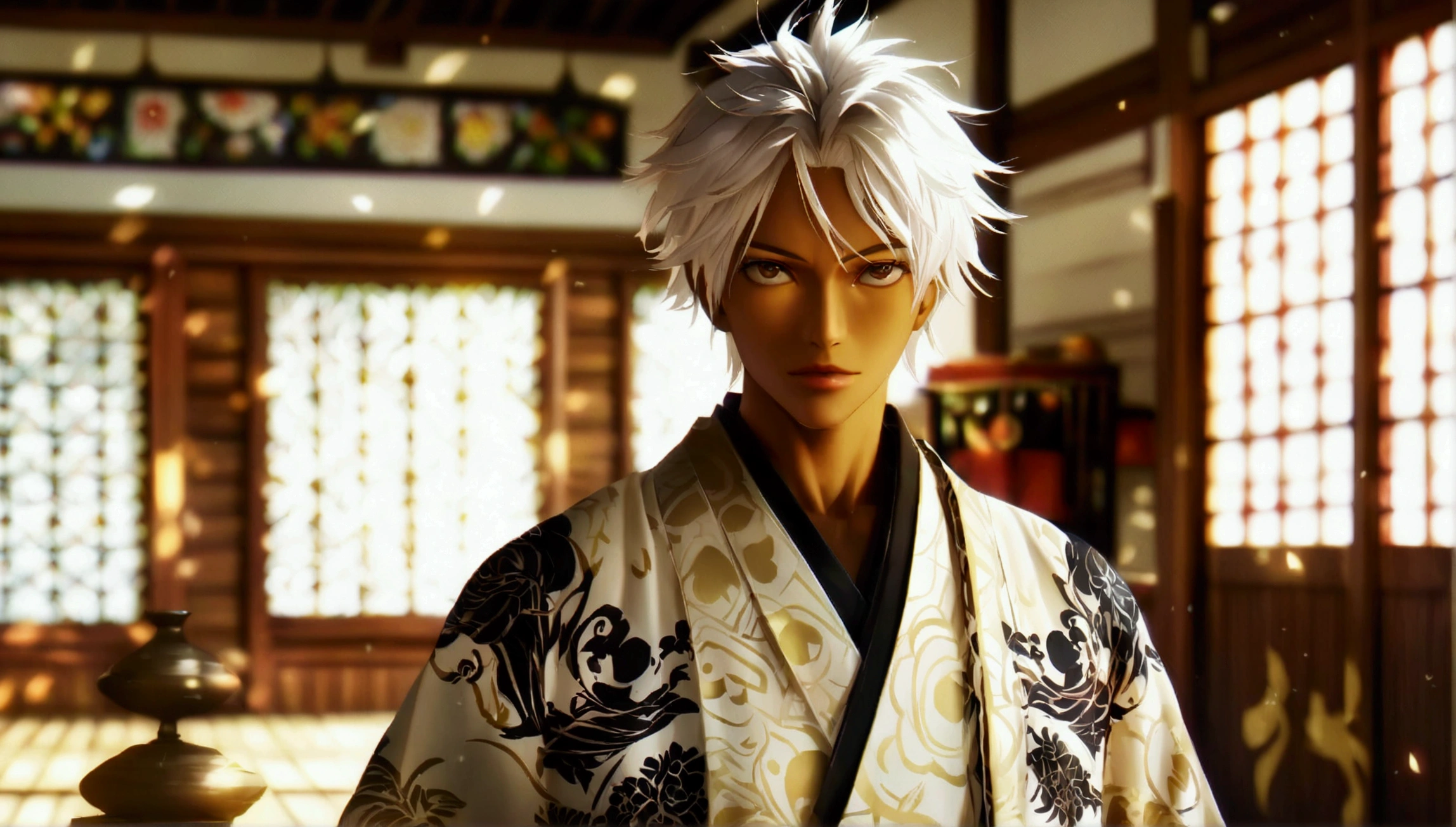 Man, brown skin, whitish hair, white kimono with black details, dojo background, "Intricate anime character design inspired by ONE PIECE, stunning lighting, centered character, stunning face, creative details, ultra-fine 2D design, scenery bathed in creativity, boasting 2D anime resolution clarity, 4K anime quality, high-octane rendering"