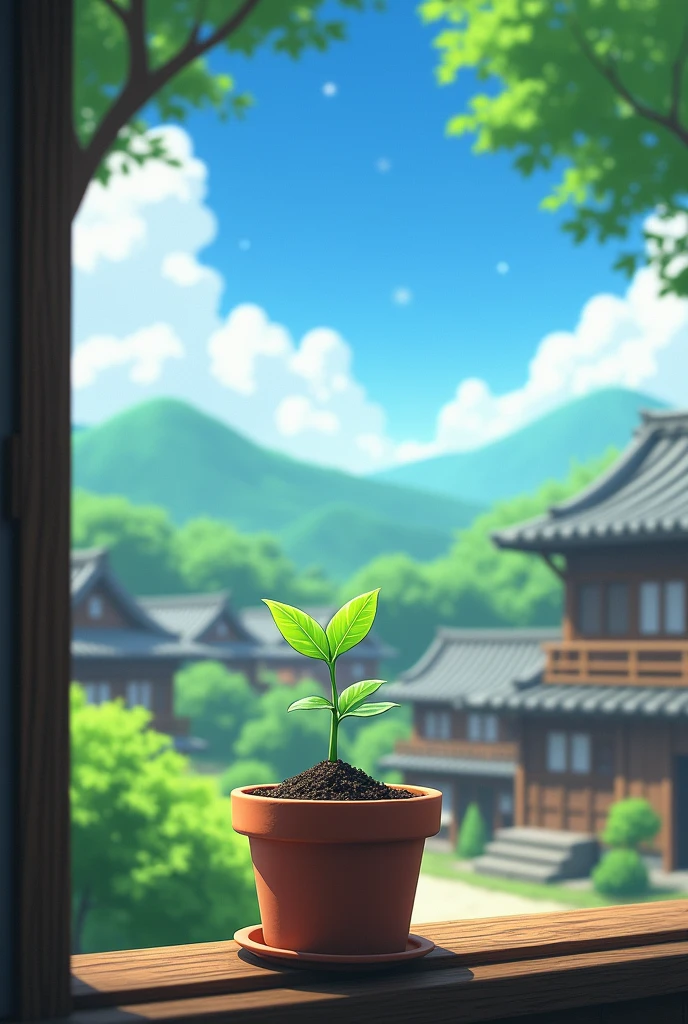 A serene, picturesque Japanese village with traditional houses, surrounded by lush green hills under a bright blue sky. In the foreground, a tiny seed named Kiko is nestled in a small pot placed on a wooden windowsill. The scene shows Kiko basking in the sunlight with a soft breeze gently swaying the leaves around her.Scene 2 (4 sec): A close-up of Kiko in the pot, with her tiny sprout just starting to emerge from the soil. Kiko looks up at the towering trees nearby, her expression showing both admiration and concern. The scene emphasizes Kiko's small size compared to the larger trees, symbolizing her initial doubts and fears.