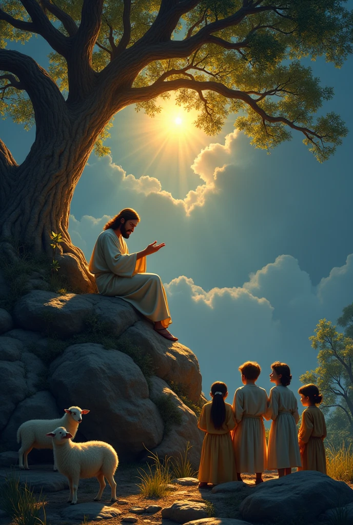 Illuminated Jesus sitting on top of the rock telling a story to several children,natta,Trees,sheep
