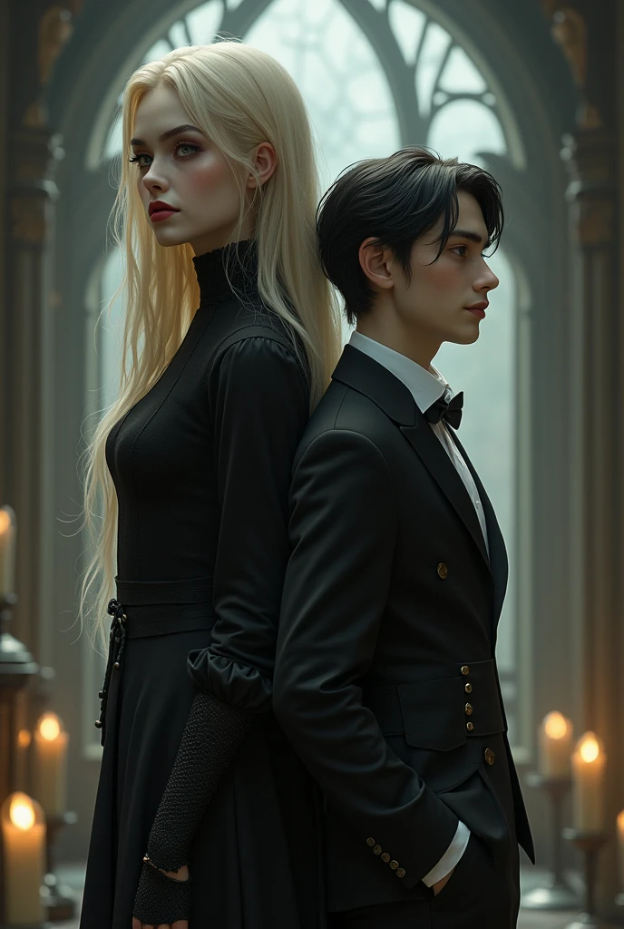 a couple, composed of a vampire, whose blonde hair falls softly down her back, He is facing away from his partner, dressed in a gothic and elegant way, His skin is pale, The man is a young dwarf, shorter than the girl, with cheerful features on his face, black hair, a few days beard really. They are back to back, She es más alta que el, She.He is 1m70 tall while the dwarf is 1m50 tall