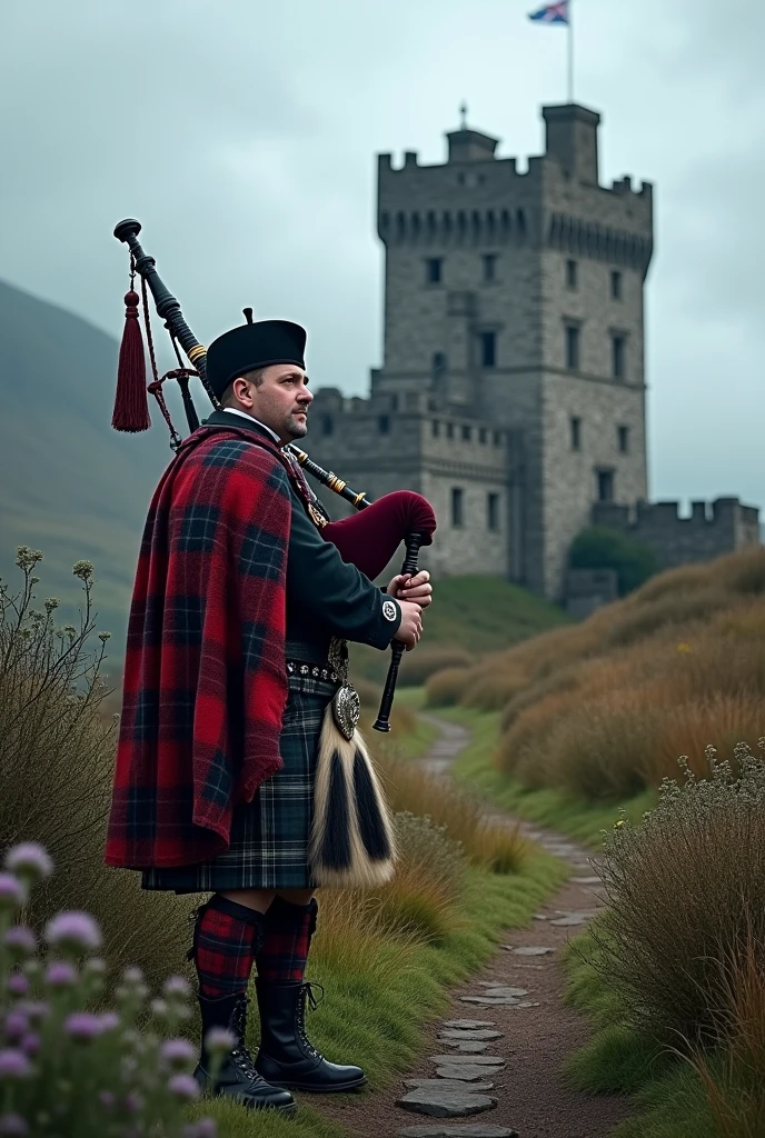 drumtochty castle scottish thistle scottish flag man in kilt and bagpipes