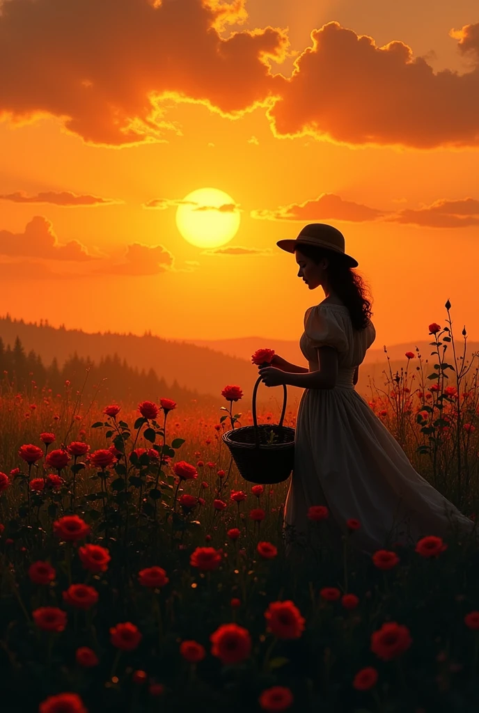 Black silhouette painting of a woman picking roses in the field with a basket at sunset