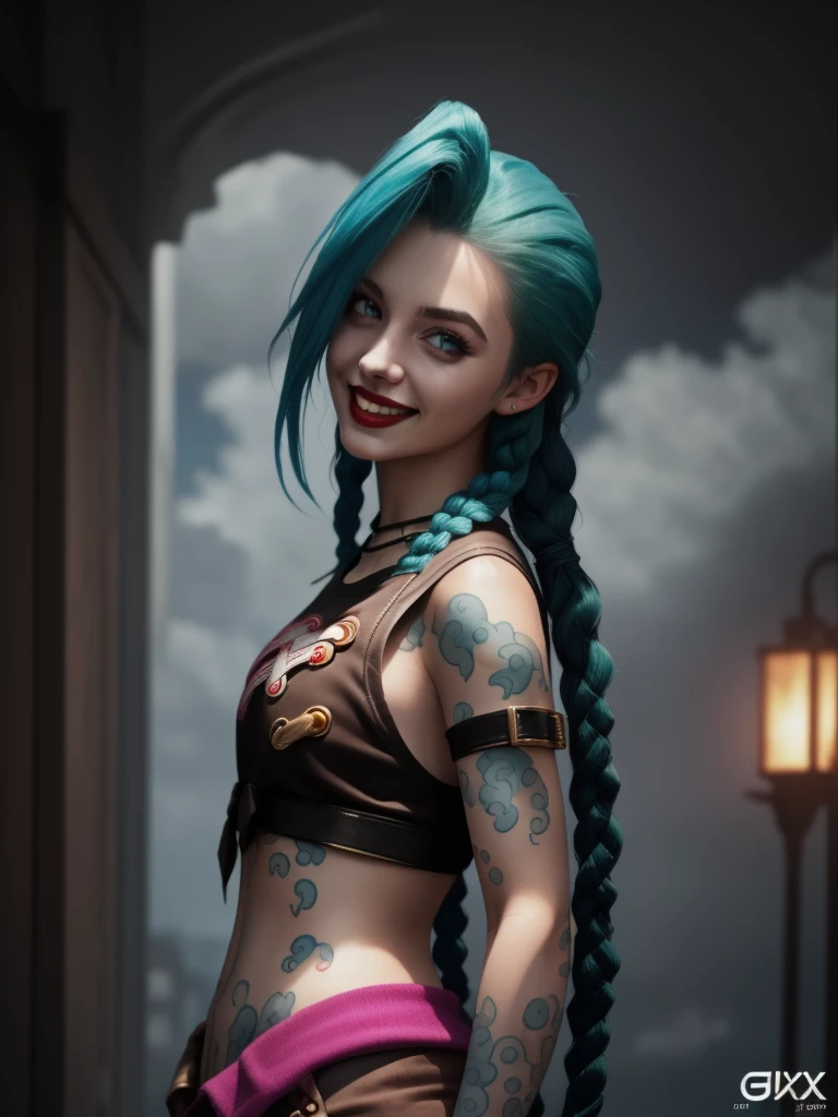 jinx, grin, portrait,, (acclaimed, alluring, captivating, exciting, gorgeous, striking:1.3), charming, (trending on CGSociety, trending on pixiv, contest winner:1.3)1girl, arm tattoo, asymmetrical bangs, bangs, blue hair, braid, brown shirt, cloud tattoo, looking at viewer, laughing, crazy, uncontrollable laugh, mad look, night, city, green hair, long hair, midriff, pink eyes, red lips, shirt, solo, standing, tattoo, twin braids, upper body, arcane jinx, jinx league of legends\
