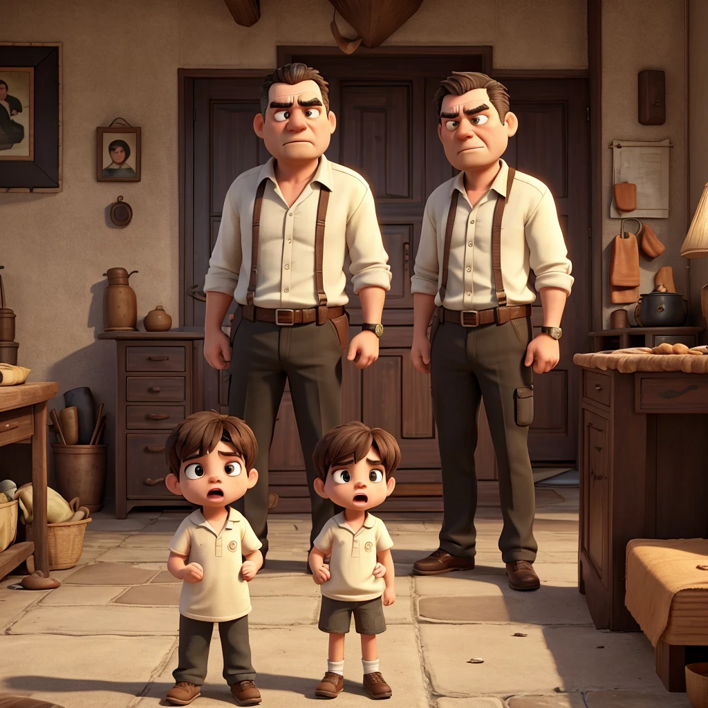 A tense scene depicting a couple arguing intensely and very angrily. Both parents have exaggerated angry traits and yell at each other with aggressive gestures.. Their son stands between them with wide, anguished eyes., covering their ears with their hands to block out the screams. homely atmosphere. The general atmosphere should convey the emotional turmoil and stress within the family, but with the characteristic heat