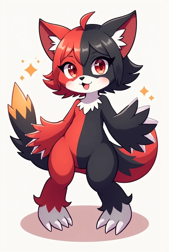 Short haired furry girl half red and the other half black cartoon with white skin black legs with white fur black arms with white claws with dragon tail