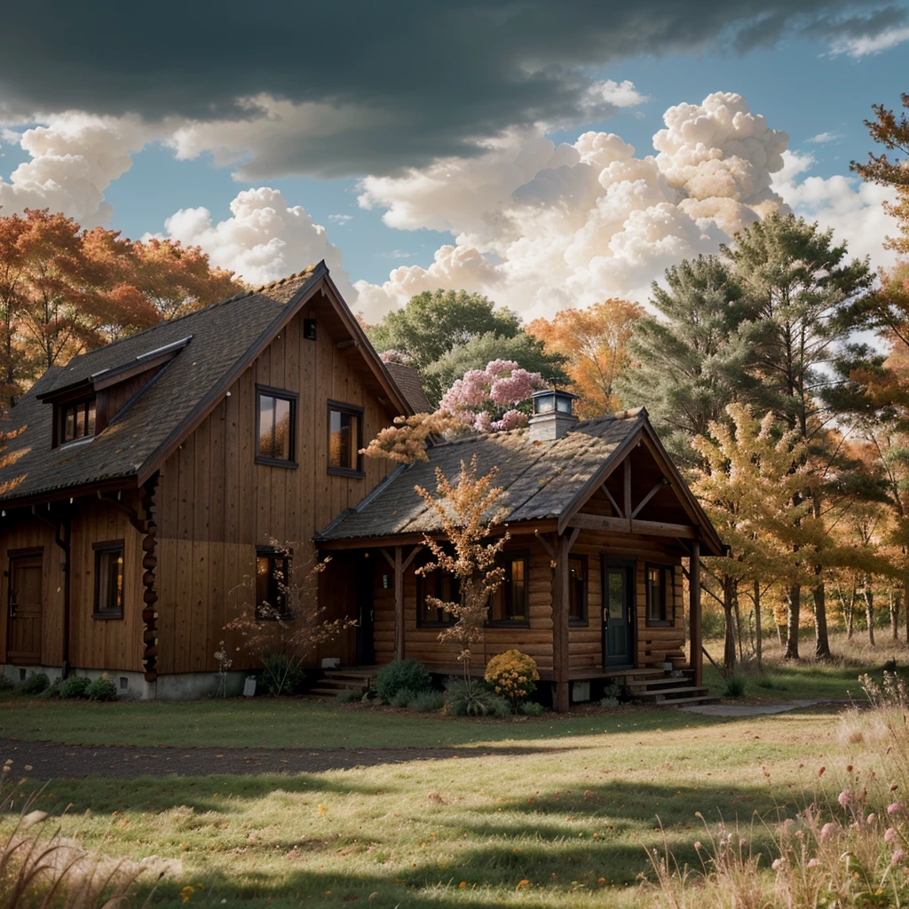 Heavy clouds, in autumn, land with orange roses, wooden cabin, forest, in autumn, orange roses, forest in autumn,