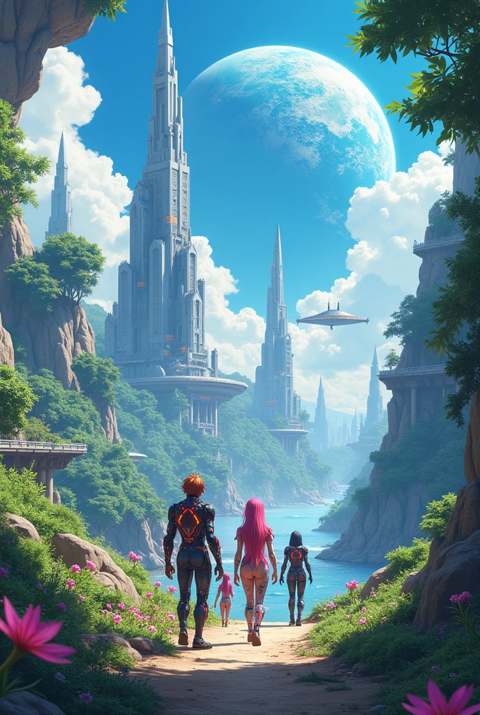 Create an anime-style setting for a planet where the species that inhabits it is a Human species that has integrated advanced technology into its biology., such as cybernetic implants or genetic modification to enhance their cognitive abilities, physics, and longevity.

 Extraterrestrial living in the place, a description of the anatomy of each species and the animals and vegetation of the place. That species have biological logic. And they are based on an evolutionary theory.