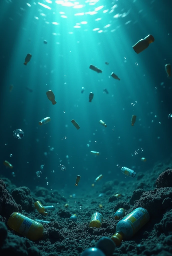 pollution, under the sea, bottles, dirty, disney, pixar style, bottles falling, dark, plastics,