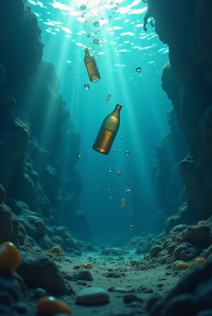 pollution, under the sea, bottles, dirty, disney, pixar style, bottles falling, dark, plastics,