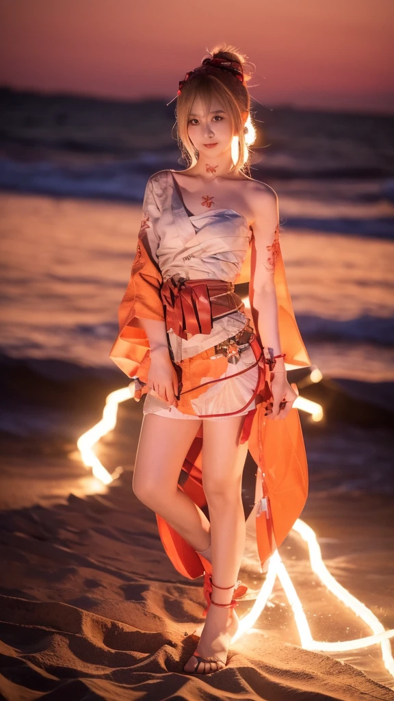 Yoimiya, chest tattoo, slight smile, aerial fireworks, orange kimono, whole body,   beach, Summer evening, Seaside, Leg armor, (ultra high resolution,masterpiece, Best quality, high quality, a high resolution, ultra detailed,  photorealistic, small waist, perfect face, no disadvantages, HD, a high resolution, beautiful woman,realistic lighting,Light and shadow)