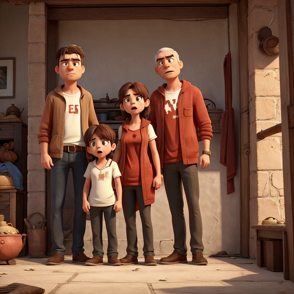A tense scene depicting a couple, man and woman, arguing intensely with a lot of anger. Both parents have exaggerated angry traits and yell at each other with aggressive gestures.. Their son stands between them with wide, anguished eyes., covering their ears with their hands to block out the screams. homely atmosphere. The general atmosphere should convey the emotional turmoil and stress within the family, but with the characteristic heat