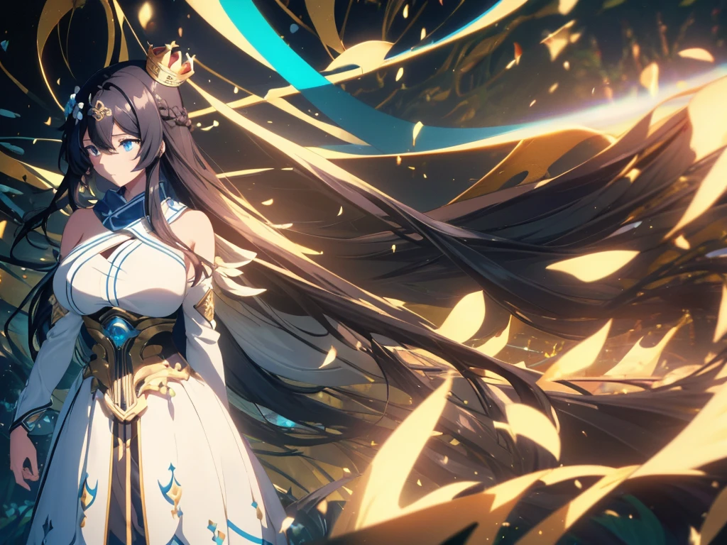 best quality, extremely detailed,anime style 1girl,long hair down to the waist, straight hair, ((((dark black hair with bluish)))),((crown braid)),beautiful detailed eyes, pinched eyes, (dark blue eyes),((huge breasts)),curvy,dressed as lumine (genshin impact), bare shoulders, detached sleeves, dress, white dress, scarf, hair ornament, hair flower,,Fine decoration,clothing with complex patterns,nature,((Detailed background)),((Comfortable posture)),