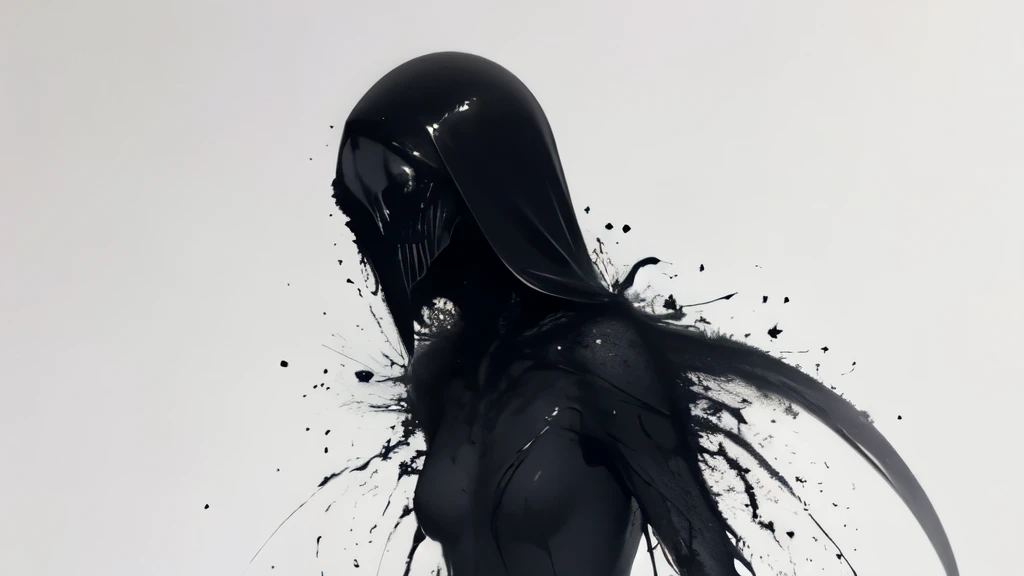 bs, solo, simple background, monochrome, upper body, greyscale, bodysuit, black background, 1other, monster, arms at sides, horror (theme), female
