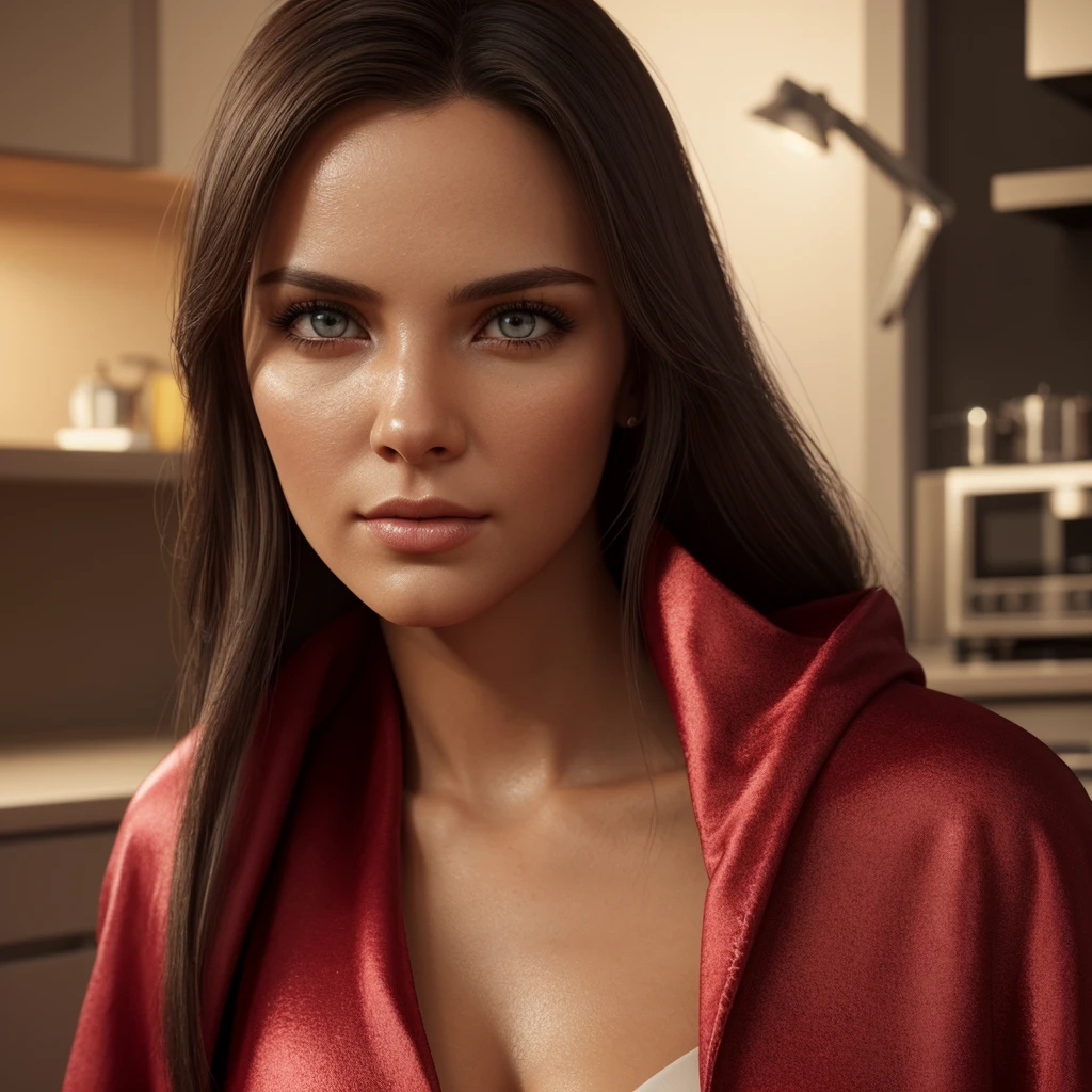 a beautiful woman 35-40 years old in a tightly wrapped red robe in the kitchen has an enormous breast covered by the fabric of the robe which is semi-transparent and short and thin, (best quality,4k,8k,highres,masterpiece:1.2),ultra-detailed,(realistic,photorealistic,photo-realistic:1.37),extremely detailed face and body, extremely detailed eyes, detailed facial features, detailed skin texture, detailed clothing, warm lighting, cinematic lighting, dramatic lighting, cinematic composition, dramatic colors, vibrant colors, vivid colors, highly detailed, sharp focus, intricate details, (photorealistic:1.4), (hyper realistic:1.2), (extremely detailed:1.2), (octane render:1.2), (unreal engine:1.2), (ray tracing:1.2), (cinematic lighting:1.2), (dramatic lighting:1.2), (warm lighting:1.2), (vivid colors:1.2), (vibrant colors:1.2), (highly detailed:1.2), (sharp focus:1.2), (intricate details:1.2)