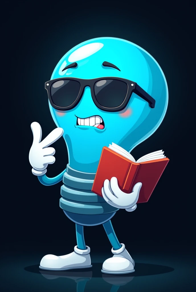 Blue cartoon light bulb with sunglasses, with white arms and legs, In his hands he has white gloves and he holds a book with 1 hand, he is thinking, In the background there is a flat black color., Ilustración de pet, toonix character, Cartoon vector style, dancing character, telegram label design, Black and cyan color scheme, simple cartoon style, tendency to dribble.pet.with, cold face, 2D flat vector art