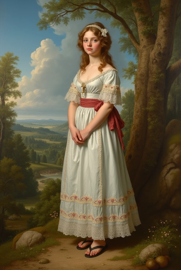 [[(full-length front view: young attractive girl) ((style Jean Antoine Watteau))]/[background:amazing Renaissance landscape based on Jean Antoine Watteau) (masterpiece)], oil painting, extreme detail, intricate, unusual, ((best quality))]