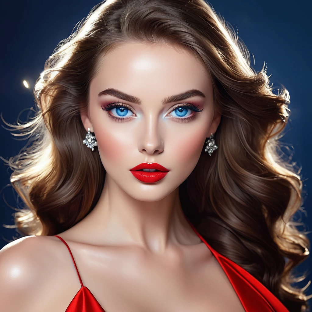 Best quality, a high resolution,fashion illustration,elegant models,Beautiful ,sexy detailed blue eyes, detailed glossy lips and face,glamour mode,track laying,bright colors,Elegant red dresses,Beautiful аксессуары,Professional studio lighting,ultra thin paint, realistic textures, Beauty, goddess, full length,Beautiful ноги,Beautiful руки