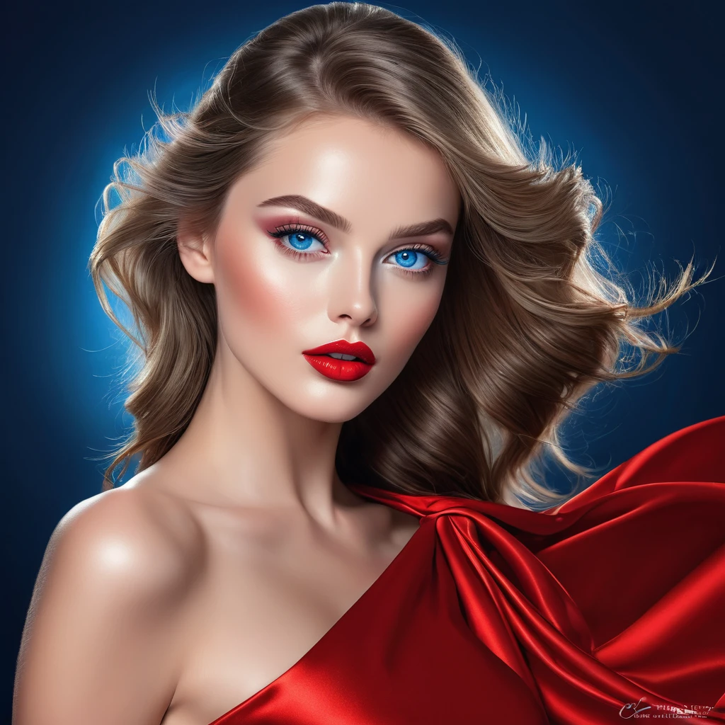 Best quality, a high resolution,fashion illustration,elegant models,Beautiful ,sexy detailed blue eyes, detailed glossy lips and face,glamour mode,track laying,bright colors,Elegant red dresses,Beautiful аксессуары,Professional studio lighting,ultra thin paint, realistic textures, Beauty, goddess, full length,Beautiful ноги,Beautiful руки