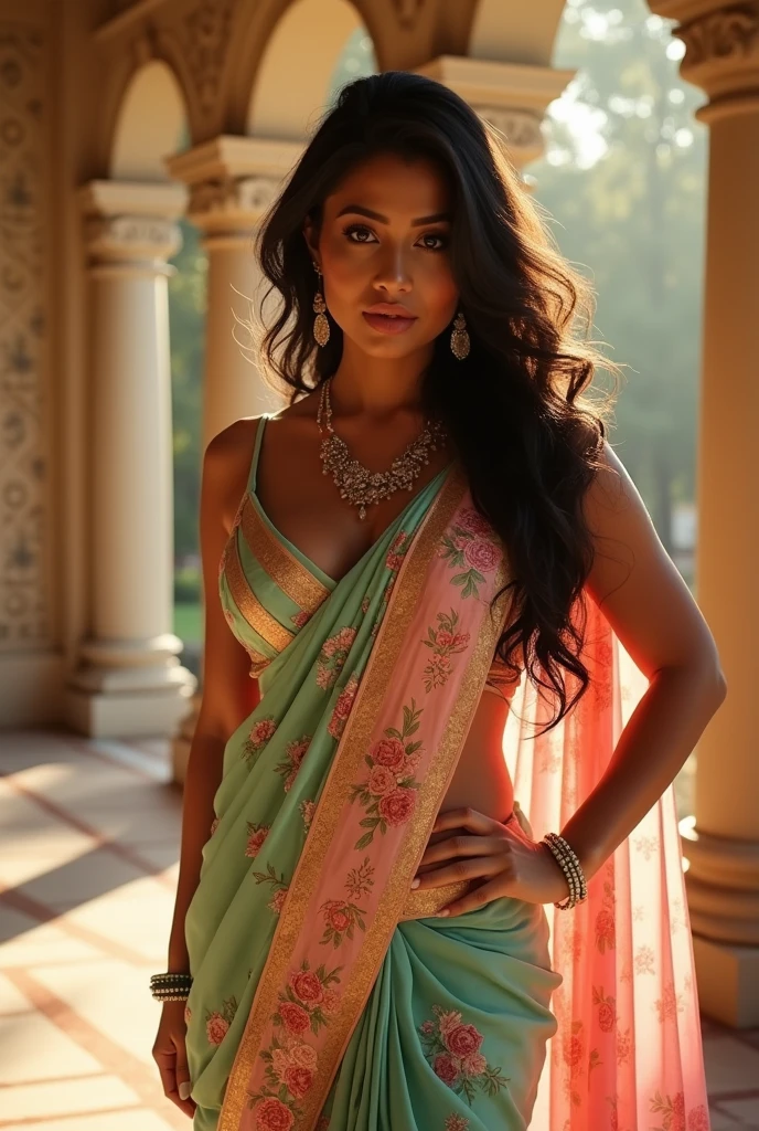 Hot and sexy milfwoman, gigantic breasts, cleavage, wore stylish and design hot and sexy light pink and light green colour saree (printed design) , standing in wedding hall (afternoon time), standing & model pose, beautiful body, masterpiece, ultra realistic,detailed, 16 k , Film type light, potrait photography,camera angle front, looking at viewer