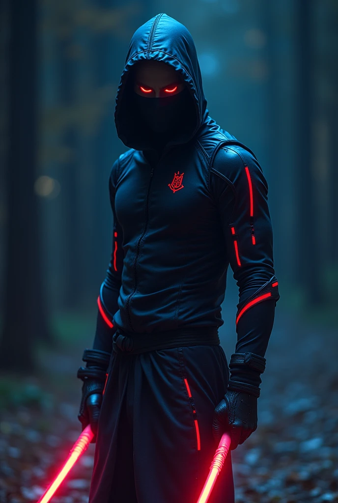 Create a ninja image with blue or red neon details