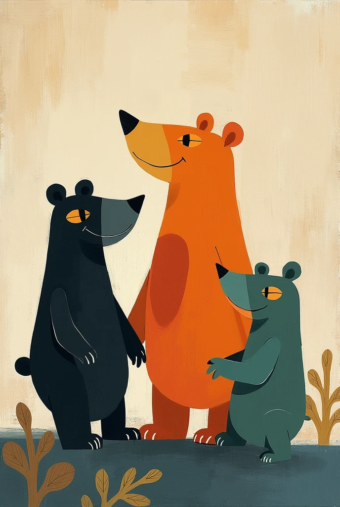 A simple drawing of three bears in the style of Henri Matisse, with muted colours, in a very close up shot on textured paper