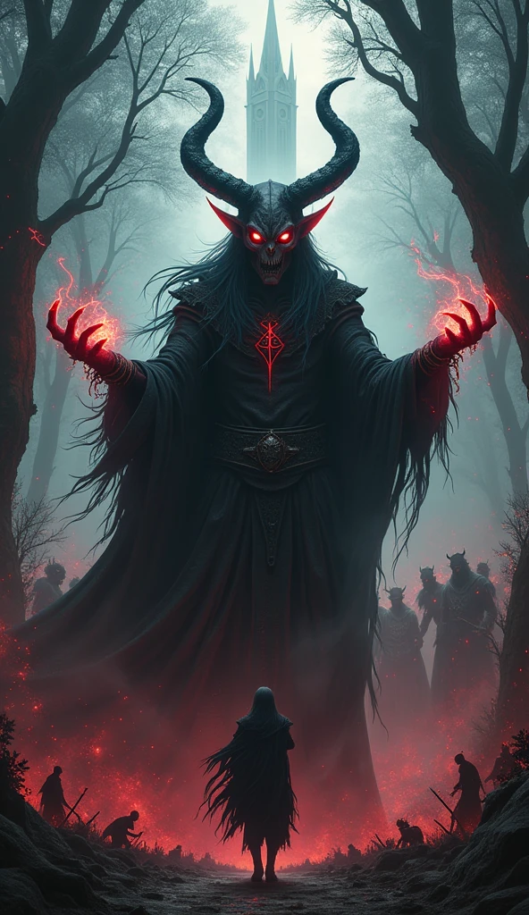 realistic photo, fantasy world, evil mage, dark, necromancer, dark elf, glowing eyes, powerful, thanks to dark magic revives the dead to fight the good heroes, gestures of the hands and the black and red magic that comes out of them., zombies, the background is a dark forest and the area around the tower of magic to which the good heroes are heading. Dynamic action, photorealistic shot, bokeh, hdr, 