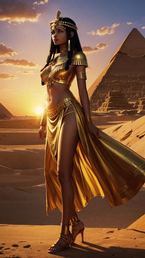 A graceful depiction of Cleopatra against the backdrop of the Egyptian pyramids, a dramatic golden sunset.