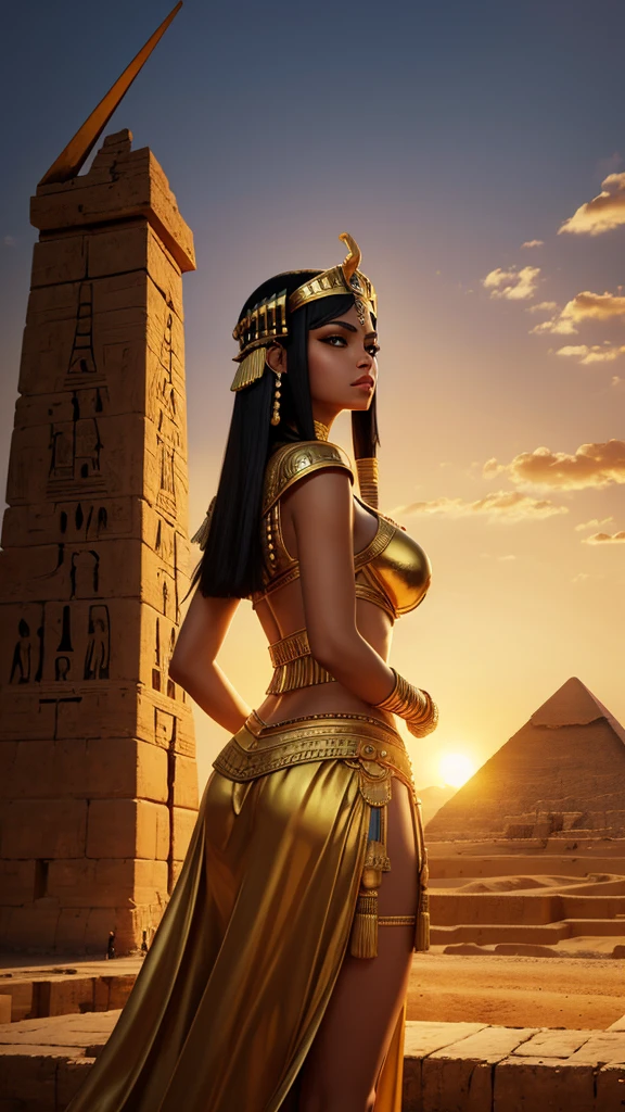 A graceful depiction of Cleopatra against the backdrop of the Egyptian pyramids, a dramatic golden sunset.
