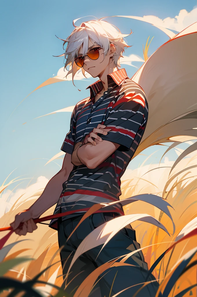 male, young adult, Vacation Striped Cotton linen Shirt, White Hair, Red eyes, Grassland Background, Shades.