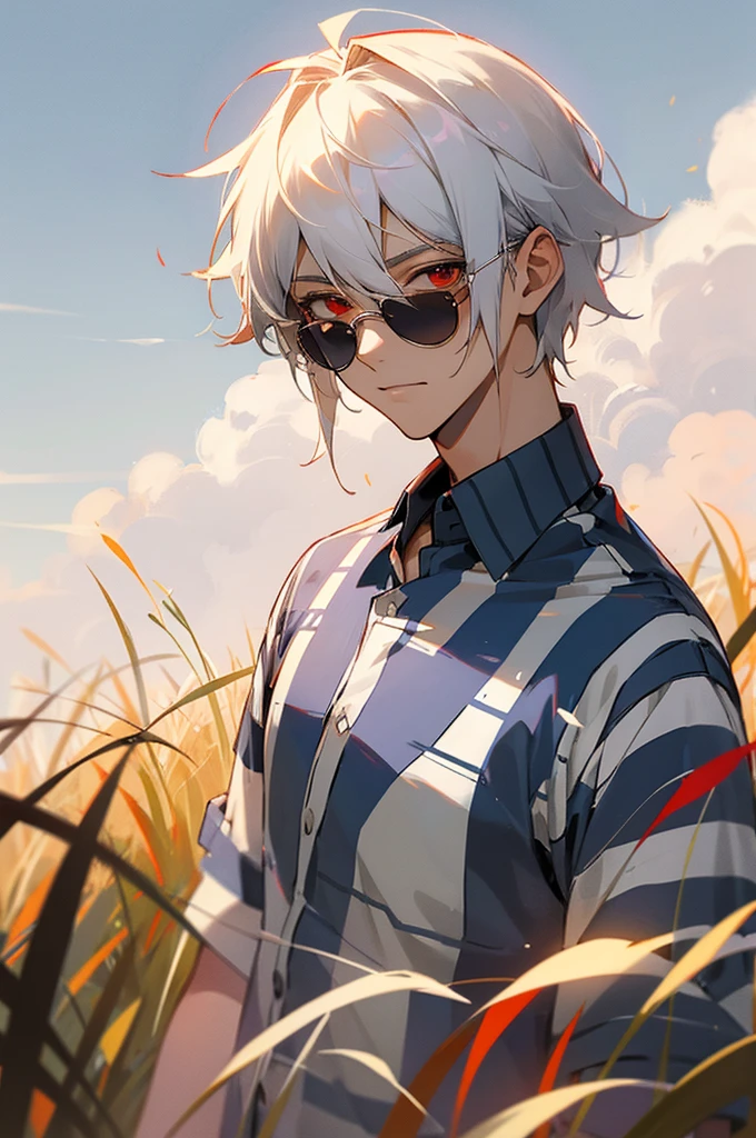 male,  adult, Vacation Striped Cotton linen Shirt, White Hair, Red eyes, Grassland Background, Shades.