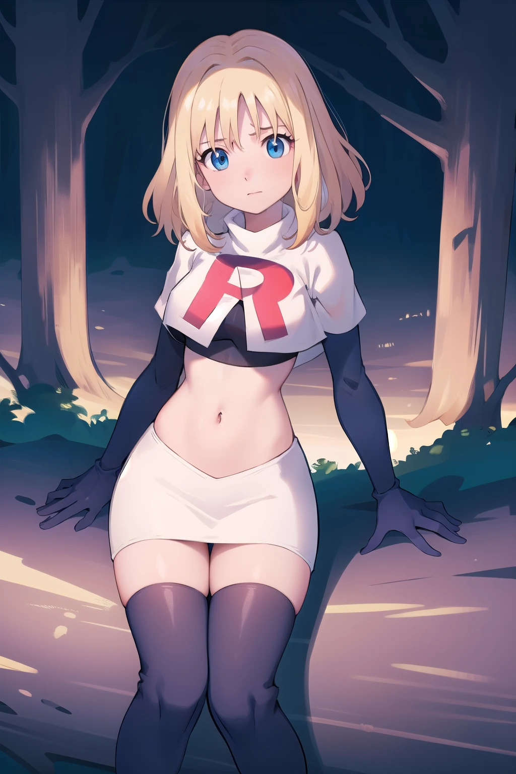 1girl, sxhelen, blonde hair, medium hair, blue eyes, team rocket,team rocket uniform,white skirt,red letter R,crop top,black thigh-highs,black elbow gloves, forest,