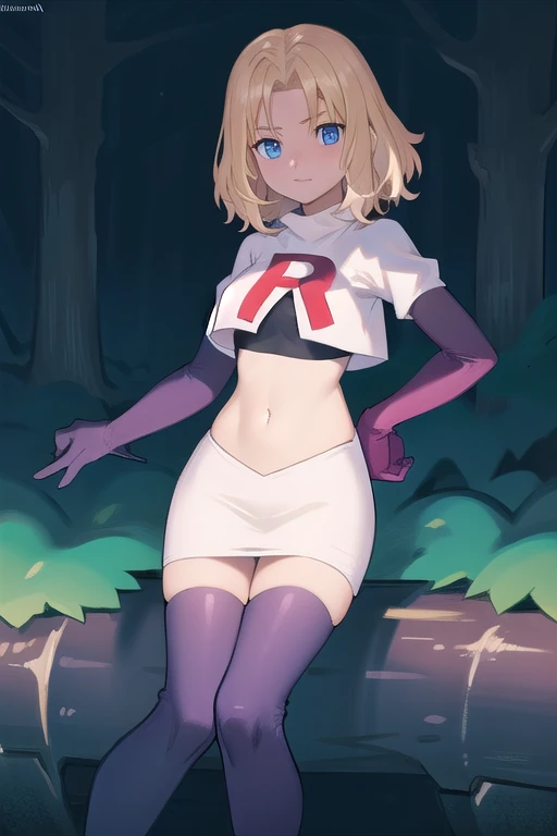 1girl, sxhelen, blonde hair, medium hair, blue eyes, team rocket,team rocket uniform,white skirt,red letter R,crop top,black thigh-highs,black elbow gloves, forest,