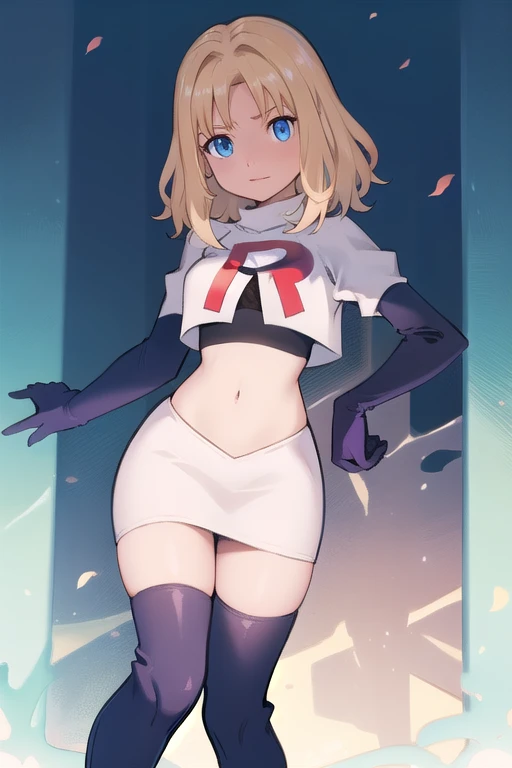 1girl, sxhelen, blonde hair, medium hair, blue eyes, team rocket,team rocket uniform,white skirt,red letter R,crop top,black thigh-highs,black elbow gloves, forest,