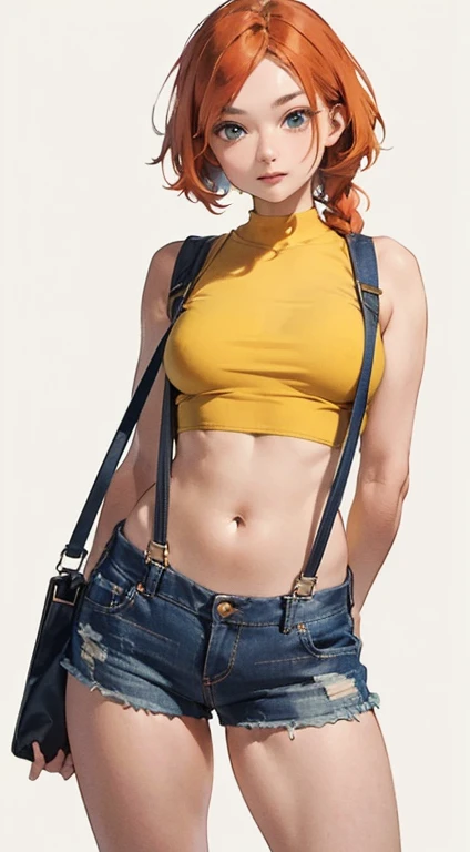 RanmaChan, Red hair, Hair with braid, blue eyess, eyes detailed, masterpiece,High resolution,8k,Detailed anatomy
(Foggy_Pokemon)(One 18-year-old girl)
(Berry Short,Orange Hair,One-sided up hair,Big green eyes,Small breasts,skinny)
(Yellow Sleeveless T-Shirt,Navel exposed,Denim hot pants,Red suspenders,sneakers)
There&#39;s a soul in my eyes.