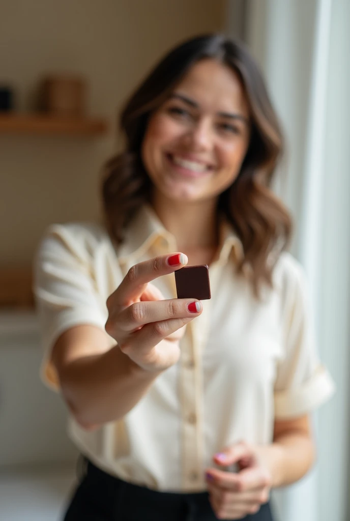happy woman in formal blouse and pants, holding a very small brown almost black rectangle shaped candy