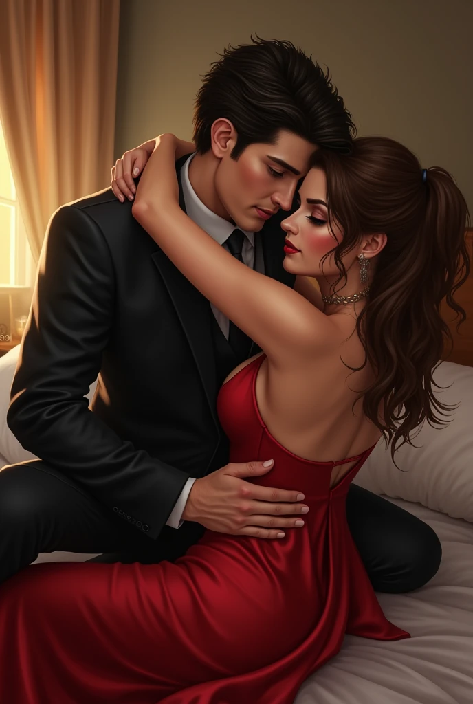 Make a tall boy with dark hair, dark brown eyes, white skin and a woman with white skin, brown hair and brown eyes with a striking eyebrow and make her wear a red dress and he wears a suit and he is taking off her dress, they are in the bedroom, make the image that conveys feelings of pleasure and excitement between the two in a realistic image.