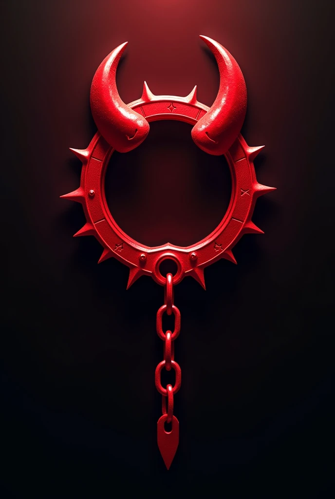 (logo design) evil logo, a sexual striking red handcuff, adorned with sharp, menacing demon horns, and a sinuous chain tail extending from the base, dynamic and bold, emphasizing a dark theme, glossy finish, high-resolution, creating an impression of malevolence and power.