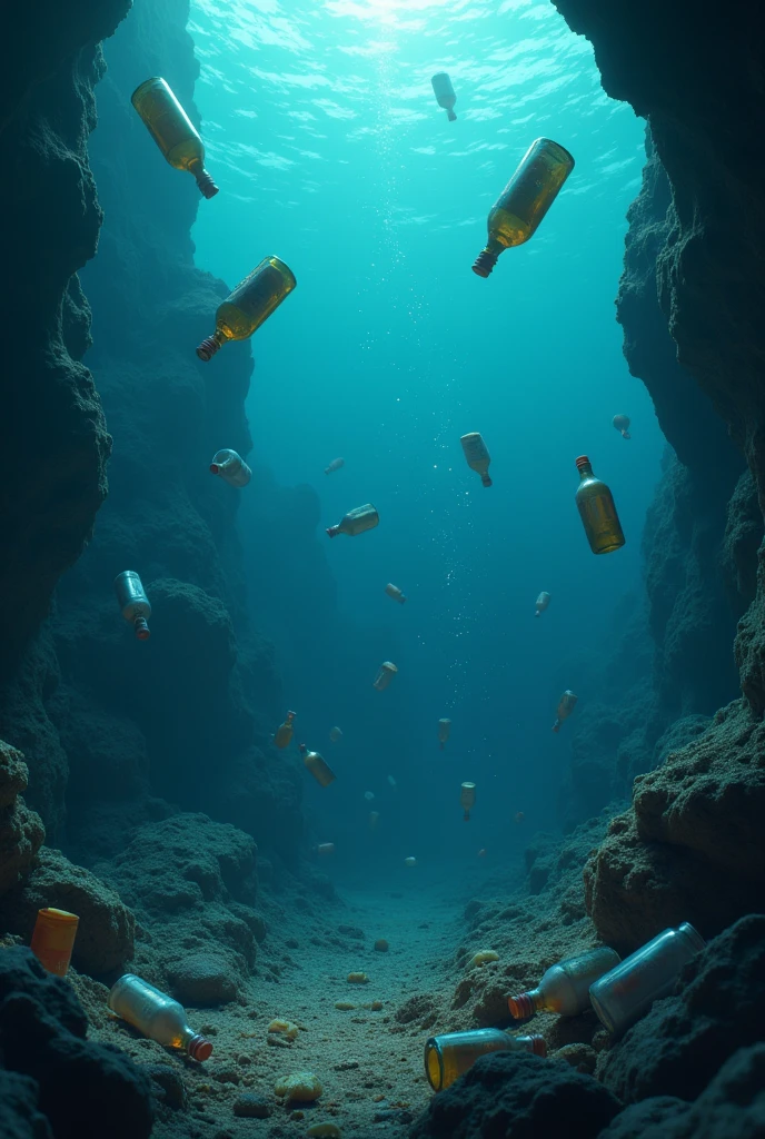 pollution, under the sea, bottles, dirty, disney, pixar style, bottles falling, dark, plastics, used bottles, bags plastic,
