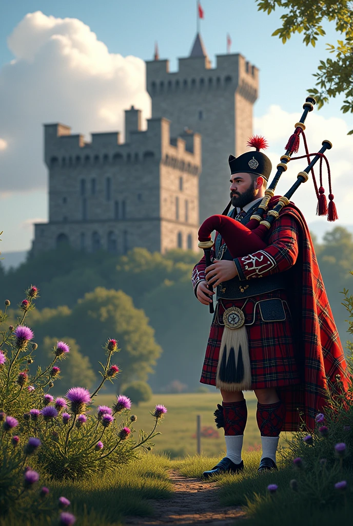 drumtochty castle scottish thistle scottish flag man in kilt and bagpipes in small