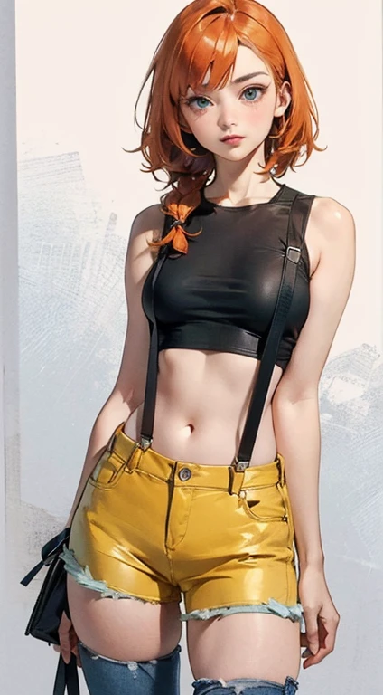 RanmaChan, Red hair, Hair with braid, blue eyess, eyes detailed, masterpiece,High resolution,8k,Detailed anatomy
(Foggy_Pokemon)(One 18-year-old girl)
(Berry Short,Orange Hair,One-sided up hair,Big green eyes,Small breasts,skinny)
(Yellow Sleeveless T-Shirt,Navel exposed,Denim hot pants,Red suspenders,sneakers)
There&#39;s a soul in my eyes.